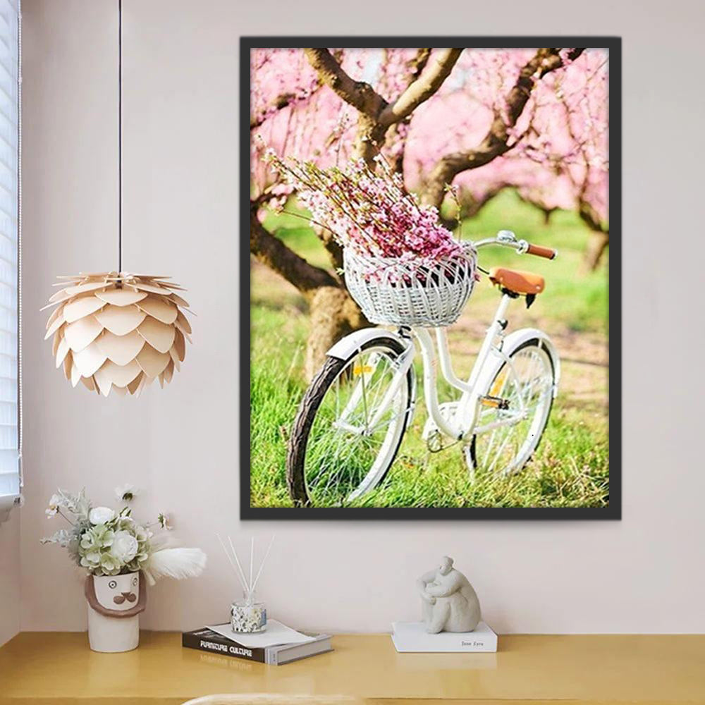 Vélo Blanc et Fleurs Roses Peinture par Numéros