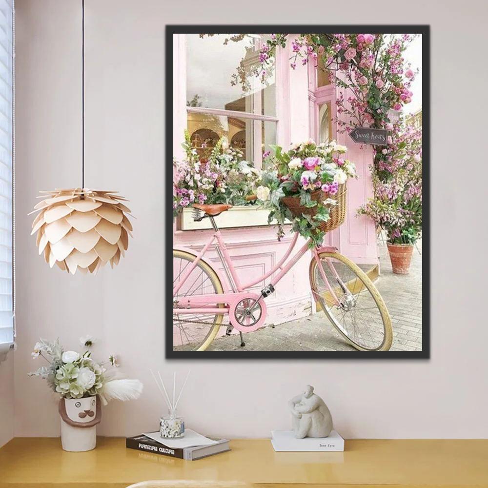 Vélo et Fleurs Roses Peinture par Numéros