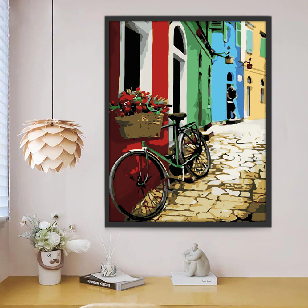 Vélo et Immeubles Multicolores Peinture par Numéros