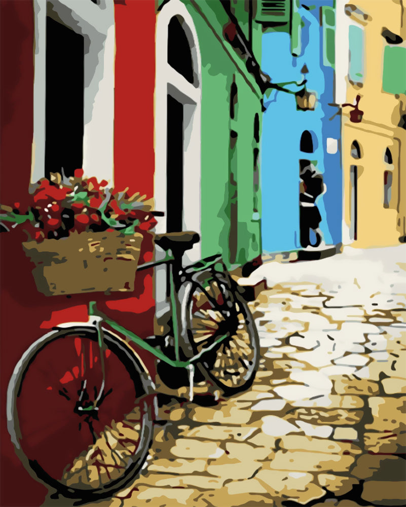 Vélo et Immeubles Multicolores Peinture par Numéros