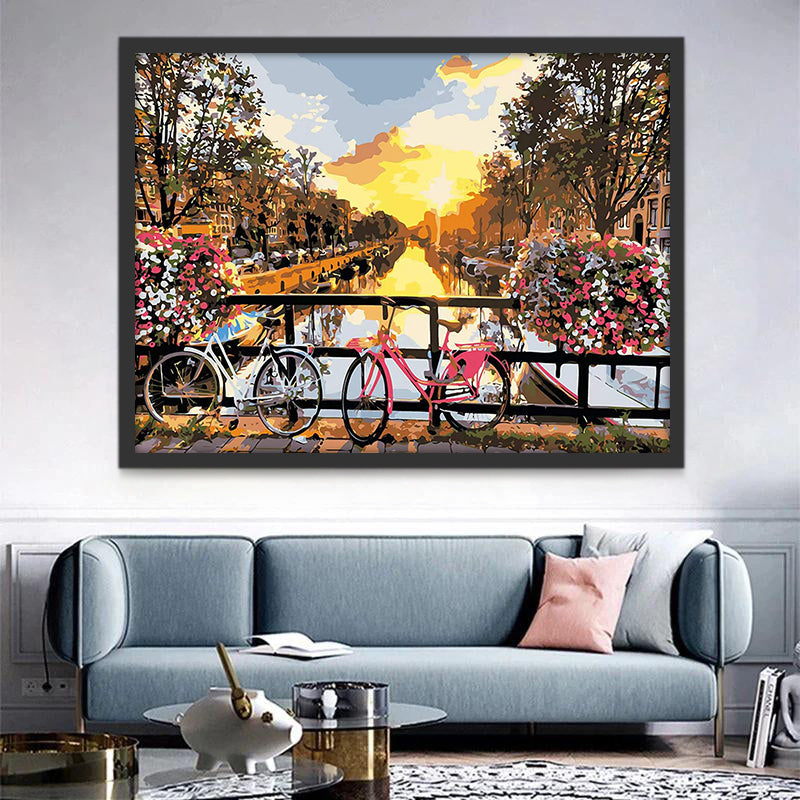 Vélos et Rivière Peinture par Numéros