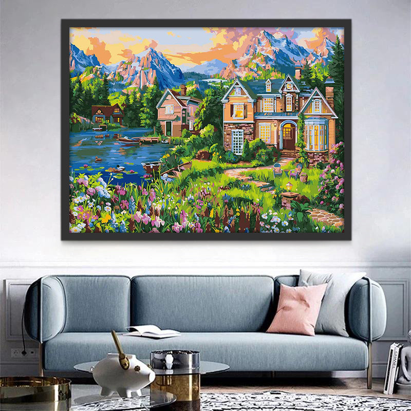Villa et Fleurs au bord du Lac Peinture par Numéros