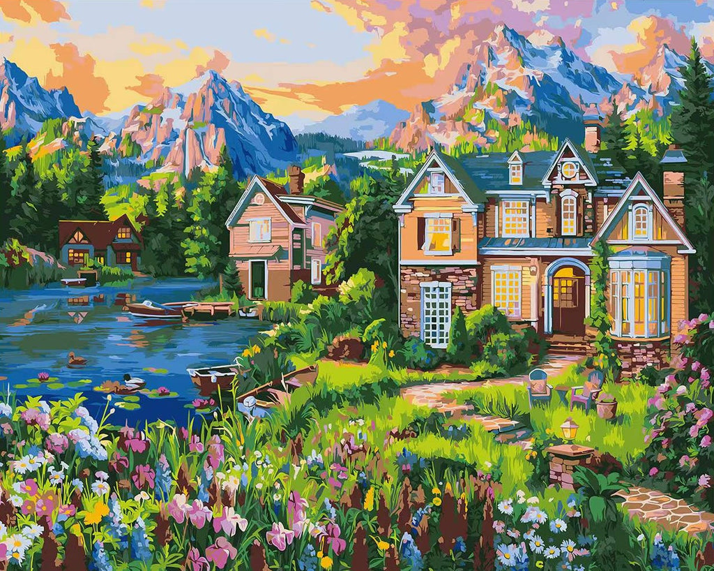 Villa et Fleurs au bord du Lac Peinture par Numéros