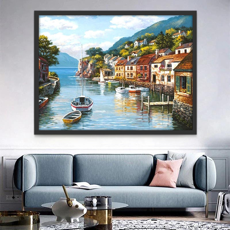 Village au Bord de l'Eau Peinture par Numéros
