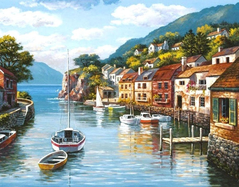 Village au Bord de l'Eau Peinture par Numéros