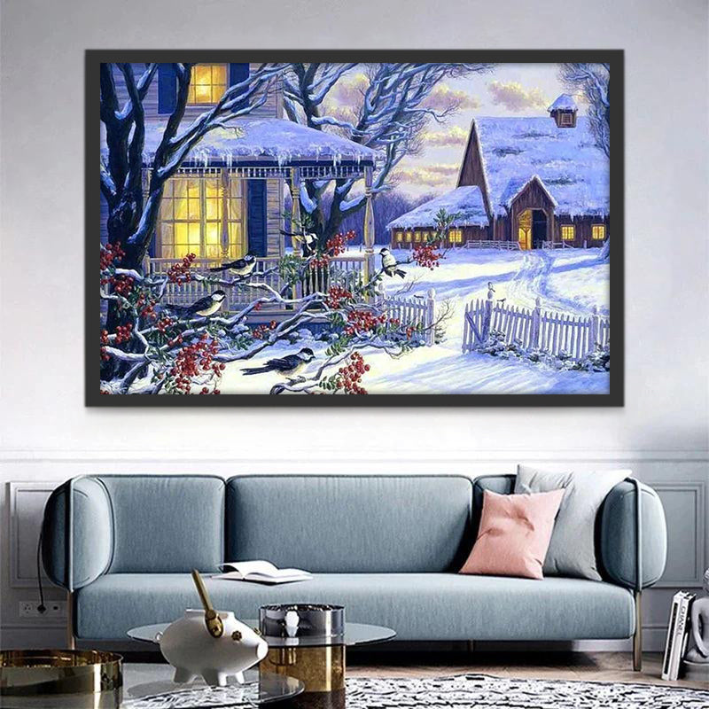 Village et Oiseaux la Nuit Enneigée Peinture par Numéros