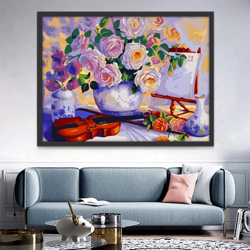 Violon et Roses Fleur Peinture par Numéros