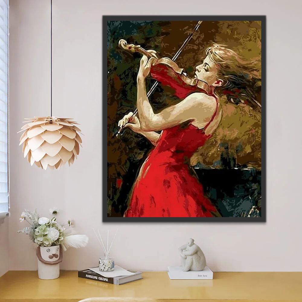 Violoniste en Robe Rouge Peinture par Numéros