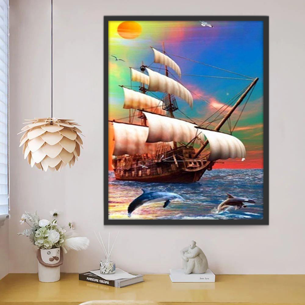 Voilier et Dauphins Peinture par Numéros