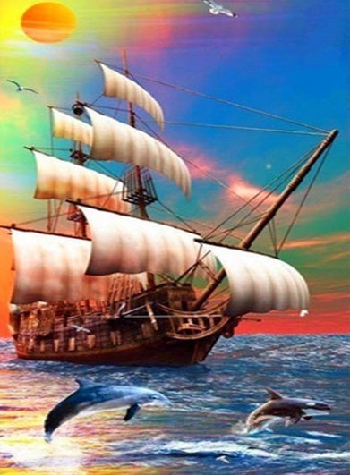 Voilier et Dauphins Peinture par Numéros