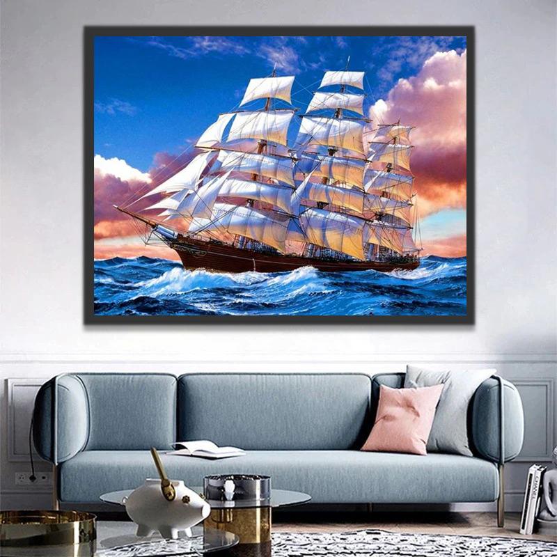 Voilier et Nuages Roses Peinture par Numéros