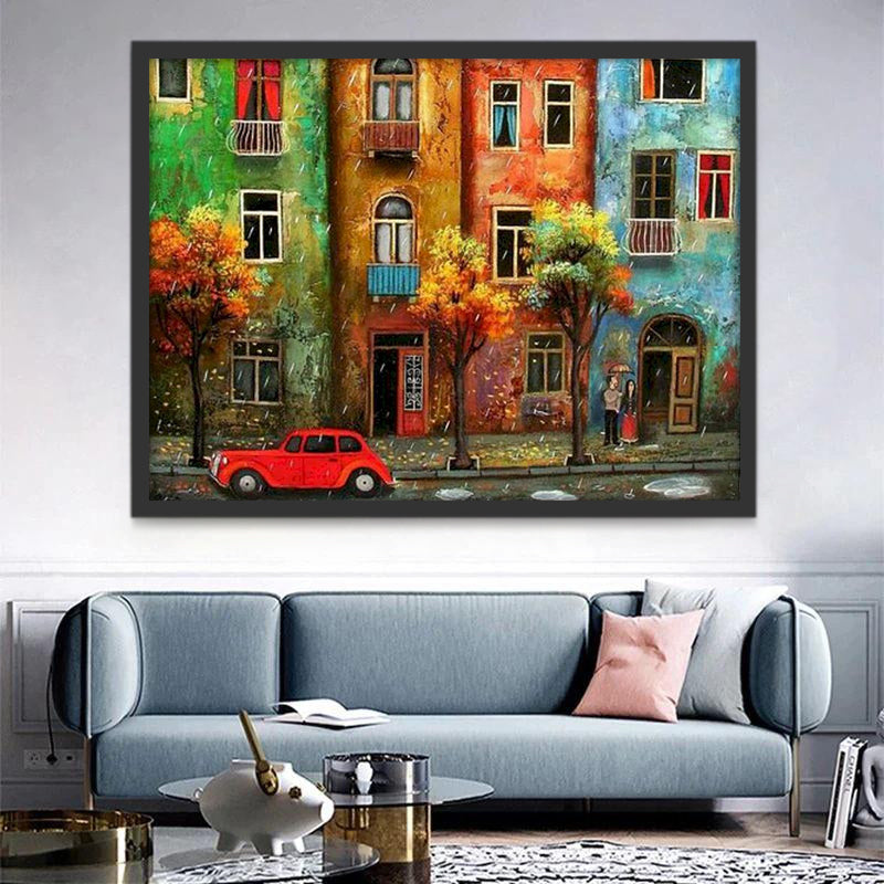 Voiture Rouge et Immeubles Peinture par Numéros