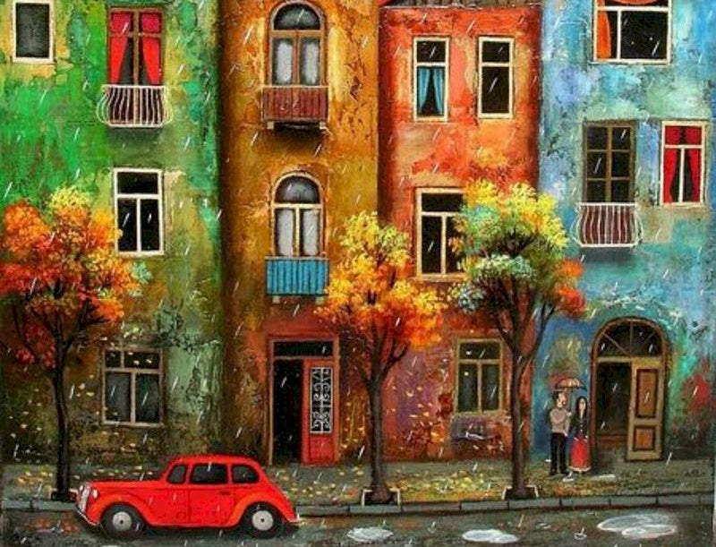 Voiture Rouge et Immeubles Peinture par Numéros