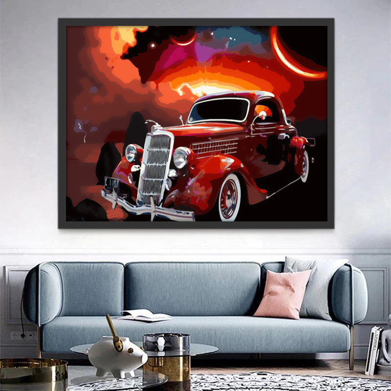 Voiture Rouge et Nuages Rouges Peinture par Numéros