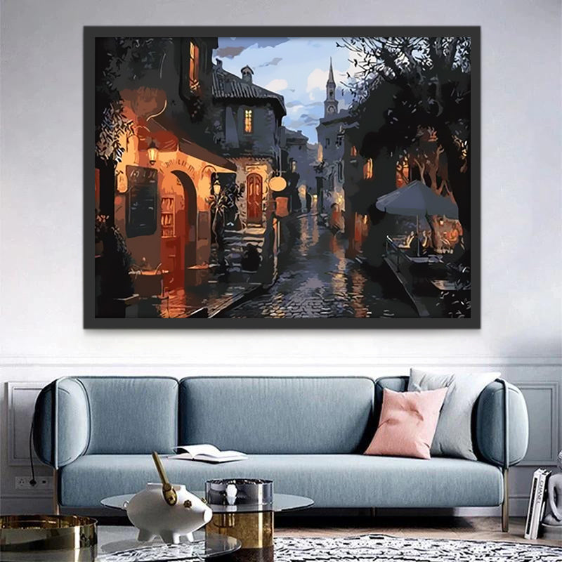 Vue de rue la nuit Peinture par Numéros
