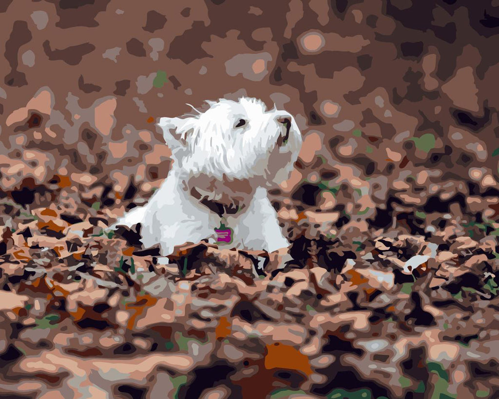 Westies au Milieu de Feuilles Peinture par Numéros